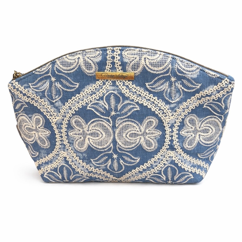 Revive Vintage Blue Embroidered Boho Cosmetic Bag Zipper Pouch NWT - Picture 2 of 4